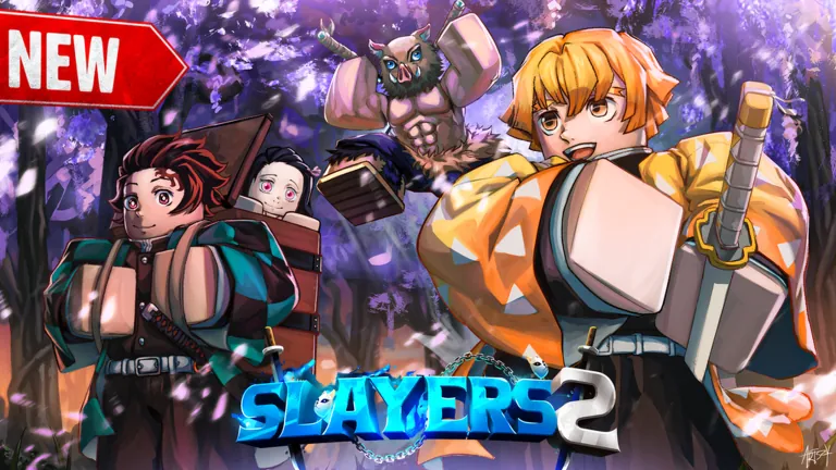 Official Slayers 2 thumbnail showing Tanjiro-style and Zenitsu-style Roblox avatars under wisteria trees