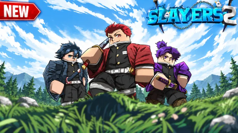 Official Slayers 2 artwork of three Roblox slayers in uniform on a grassy hill