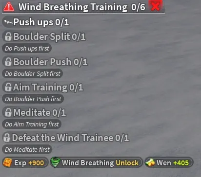 Wind Breathing Training quest list: push ups, boulder split, boulder push, aim training, meditate, defeat the Wind Trainee